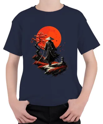 Immagine prodotto di Maglietta per bambini con motivo samurai, ronin, katana, sole rosso, Giappone, guerriero, stile anni 2000, Bushido, colore blu navy, taglia 128