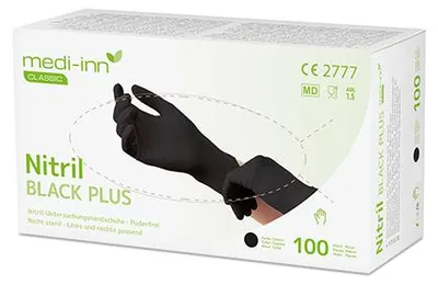 Zdjęcie produktu dla Rękawiczki jednorazowe Medi-Inn Nitril black plus, czarne, bezpudrowe i bezlateksowe (rozmiar: XL, 10 x 100 = 1000 sztuk)