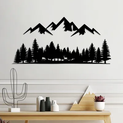 Image de Wallity, Nature And Mountain - 5, Accessoire mural décoratif en métal, 100 % METAL, noir, 54 x 14 cm