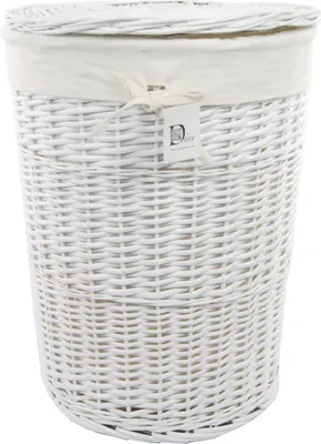 A white wicker laundry basket with a fabric liner and lid.