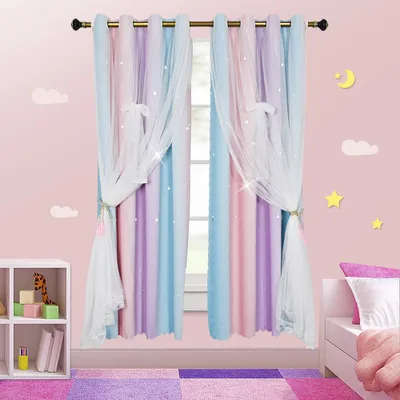 Obrázok produktu pre Záclony s očkami Sada 2 záclon Spálňa Detská izba Dievčatá Nepriehľadná záclona s dutou hviezdou a voálom, 1,3 * 1,6 m, modrá + fialová