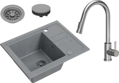 Produktbild von VBChome Spülbecken Granit Grau mit Armatur 55 x 44 cm Einzelbecken Einbauspüle Gesprenkelt Reversibel Granitspüle Grau Siphon Waschbecken Armatur Inox