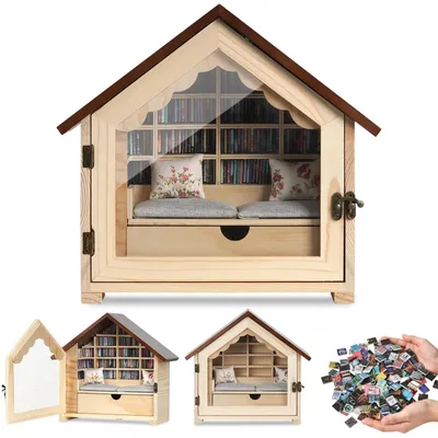 Miniatur-Bücherregal mit 300+ Mini-Büchern, Holz, Hausdesign