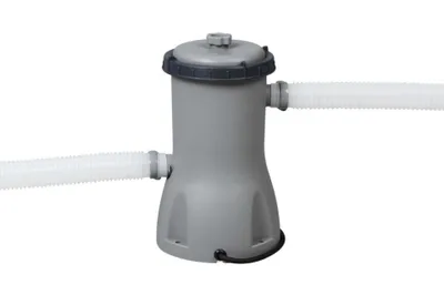 A gray pool pump with two white hoses attached, set against a white background.