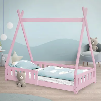 Obrázek produktu pro ML-Design dětská postel tipi 80x160 cm s ochranou proti vypadnutí a roštovým rámem, růžová, z borovicového dřeva, domácí postel s ohrádkou, podlahová postel, dřevěná postel