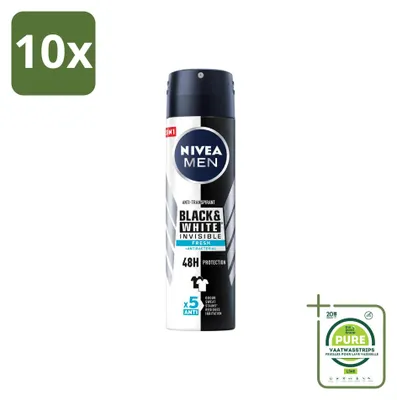 Obrázok produktu pre 10 kusov deodorantu NIVEA MEN Black & White Invisible Fresh vo forme spreju, objem 150 ml - veľké balenie