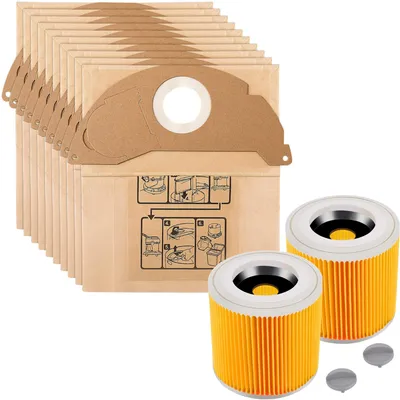 Produktbild von Staubsaugerbeutel und Filter für Karcher WD2 Ersatzbeutel 6.904-322  [10er-Pack] und Ersatzfilter 6.414-552.0  [Set 2] Phonillico®
