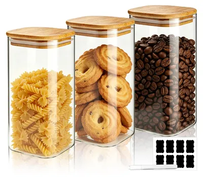 3er-Set Vorratsgläser 1,5 l, luftdicht, quadratisch, Glas mit Holzdeckel