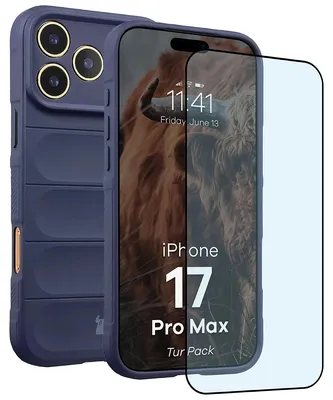 Produktbild von Robuste Handyhülle + gehärtetem Glas für iPhone 17 Pro Max, Bizon Tur Pack, Dunkelblau