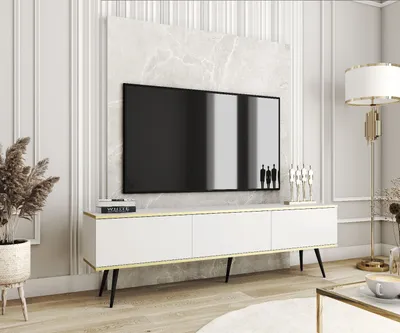 Produktbild von TV-Schrank ORO 175 Weiß+ Gold mit Schwarze Füße TV-Lowboard Fernsehtisch