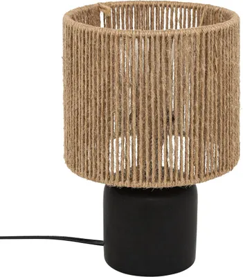 A table lamp with a black base and a woven jute lampshade.