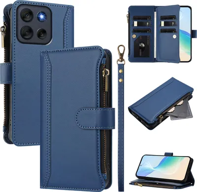 Obrázek produktu pro Pouzdro pro Motorola Moto G56, zipem, peněženkovéPolyuretankožené flip pouzdro s kapsami na karty, stojánkem a poutkem na ruku modrý