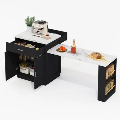 Obrázok produktu pre Kuchynský ostrov s výsuvným jedálenským stolom, rozmer 211x55x89,5 cm, farba: čierna/biela