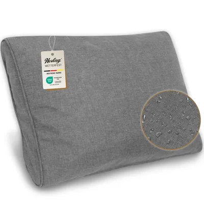 A gray lounge cushion with a tag and a close-up of water droplets on the fabric.