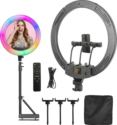 Image de Lampe annulaire à LED, luminosité réglable, température bicolore, 135 support mural RGB