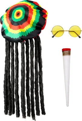Productafbeelding van Rastamanmuts met dreadlocks, zonnebril en nepjoint, geschikt voor zomerfeesten en carnaval