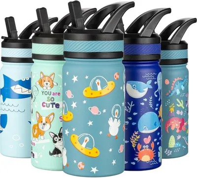 Obrázek produktu pro Dětská láhev 420 ml, nerezová, nepropustná, bez BPA, s brčkem, do školy, pro chlapce i dívky, tyrkysová