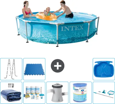 Produktbild von Intex-Schwimmbecken mit rundem Rahmen – 305 x 76 cm – Wasserdruck – im Lieferumfang enthalten Sonnensegel - Wartungspaket - Filterpumpe für Schwimmbad - Filter - Reinigungskit - Leiter