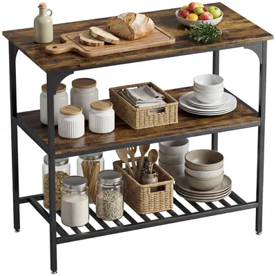 Produktbild von Bäckerregal, 3-stufiges Küchenregal mit Stahlrahmen, Rustikales Braun+Schwarz, 100,0x50,0x90,0 cm, Rustikal-Braun, verstellbar