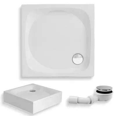 Produktbild von Duschwanne Quadratisch 90x90x21,5 mit AcrylSchürze, Sanitäracryl Anti-Rutsch Duschtasse Glatt | Ablaufgarnitur ⌀90 & Füßen im SET | BADLAND NEUER STIL