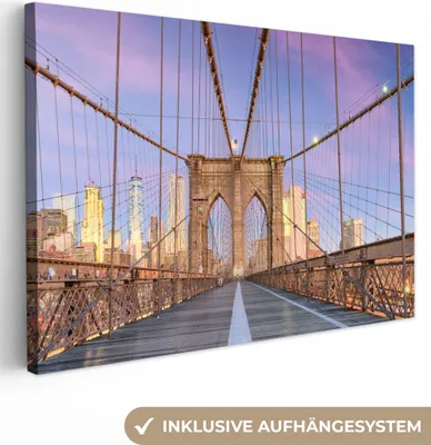Produktbild von OneMillionCanvasses® - Leinwandbilder - 150x100 cm, New York - Sonnenuntergang - Brooklyn Bridge, Wandbilder Kunstdruck Wanddekoration