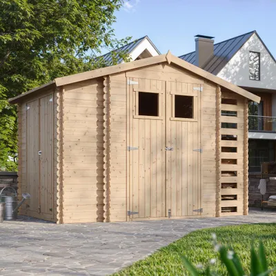 Produktbild von Holzhaus Gartenhaus mit Brennholzschuppen TIMBELA M389 - Gartenschuppen Holz B328xL206xH218 cm/ 3,53 + 0,97 + 0,97 m2 - Wasserfestes Dach