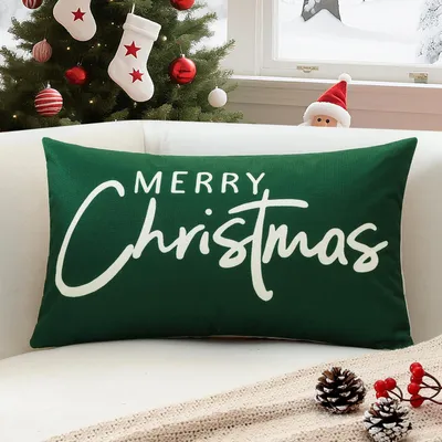 Image de Housse de coussin, Noël, "Joyeux Noël", vert, 40x60 cm, 1 pièce, polyester et lin