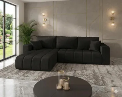 Image de Canapé d’angle LARA PREMIUM gauche noir velours Monolith 97 - fonction couchage, coffre de rangement pour la literie