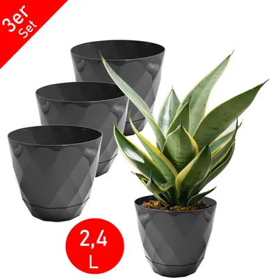 Produktbild von 3er Set Blumentopf Diamant für Blumen und Pflanzen mit Untersetzer, Pflanzkübel, Kräutertopf, Topf für Innen & Außen Anthrazit 2,4L