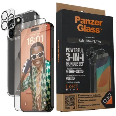 Produktbild von PanzerGlass ® 3-in-1 Set iPhone 15 Pro Max, Apple, Apple - iPhone 15 Pro Max, Trockene Anwendung, Schockresistent, Transparent, 1 Stück(e)