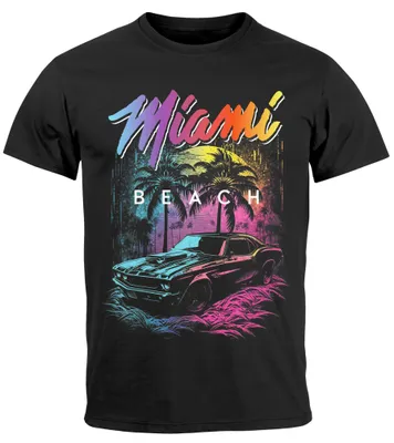 Produktbild von Herren T-Shirt Miami Beach USA Oldtimer Car Palmen Print Fashion Streetstyle Neverless® schwarz 4XL