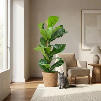 Produktbild von Green boutiQ - Zimmerpflanze - Geigenfeige - Ficus Lyrata - Grün - Pflegeleicht - 1 Pflanze - mit Korb - Topf 21cm - Höhe 75 - 85cm