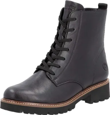 A black lace-up boot is shown against a white background.