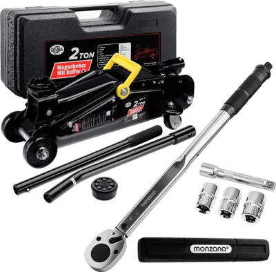 Produktbild von DEUBA® 2t Wagenheber hydraulisch 135-330mm Set inkl. Gummiauflage Drehmomentschlüssel 6tlg. 1/2" 40-210Nm Koffer KFZ Auto Rangierwagenheber Hydraulik