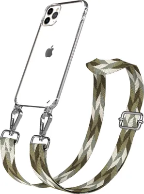 Produktbild von EAZY CASE Handykette - Verstellbarer Trageriemen kompatibel mit Apple iPhone 11 Pro Max, Handykordel mit transparenter Silikon-Hülle, Karabiner Silber, Mix Style, Band in Grün