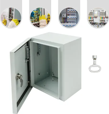 A light gray metal electrical junction box with its door open, revealing the interior. Several circular inset images at the top show close-ups of electrical wiring and components.