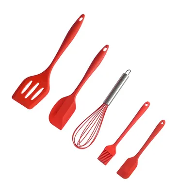 Produktbild von 5 Stück Silikon-Schaber Set, Hohe Hitzebeständigkeit, Enthalten Silikon-Leckschaufel,  Schaber, Eierbeater, Ölbürste Für Kochen Backen,  Rot