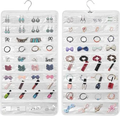 Produktbild von Famanu Schmuckorganizer Set von 2 - Doppelseitige Schmuckrolle mit 160 Fächern - Reiseorganizer mit Haken für Ketten und Ohrringe