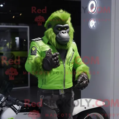 Produktbild von Maskottchen REDBROKOLY eines limettengrünen Gorillas mit Bikerjacke und Smartwatches
