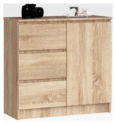 Produktbild von Kommode K-80 Jerry mit 3 Schubladen | Schrank mit 2 Einlegeböden und 1 Tür | Für Wohnzimmer und Schlafzimmer | Modern | 16mm laminierte Platte | 80x77x35 cm | Sonoma Eiche + Sonoma Eiche Front