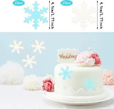 Produktbild von 50 Stück essbare Cupcake-Topper in Schneeflockenform, Kuchendekorationen in Schneeflockenform, Farben Weiß und Blau zur Auswahl, Themen-Geburtstagsparty-Dekorationen