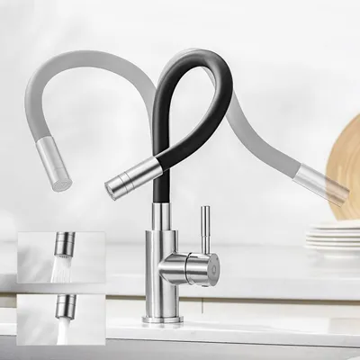 Image de Robinet de cuisine noir, flexible, avec 2 types de jets, DVGW, en acier inoxydable 304