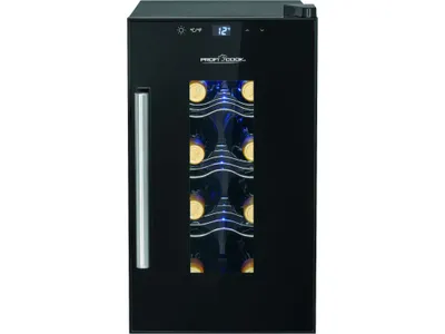A black wine cooler with a glass door showing bottles of wine.