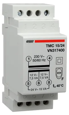 Produktbild von VEMER VN317400 TMC 15/24 - Transformator für Hutschienen mit Primärspannung 230V, Trafo mit Sekundärspannung 12-24V und Leistung 15VA, Weiß