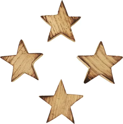 Four wooden stars arranged in a diamond shape on a white background.
