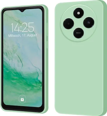 A split image showing the front and back of a light green smartphone case.