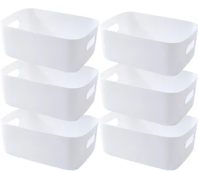 Produktbild von Set mit 6 weißen Aufbewahrungsboxen/Körben aus Kunststoff mit Griffen, 25 × 17 × 10 cm, Badezimmer-Organizer, Aufbewahrungsbox für Küchenschränke, Aufbewahrungskörbe, Kunststoffbox