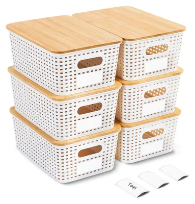 6er-Set Aufbewahrungsboxen mit Bambusdeckel, weiß, 25,5x18,5x10,5 cm