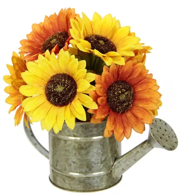 Productafbeelding van Kunstbloemen: Zonnebloemen in een gieter, ongeveer 21 x 25 x 20 cm – Kunstbloemen decoratie