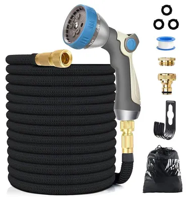 Produktbild von Flexibler Gartenschlauch 15m dehnbar – Wasserschlauch mit 8 Sprühmodi Pistole | 1/2" & 3/4" Adapter + Wandhalterung für Gartenbewässerung
